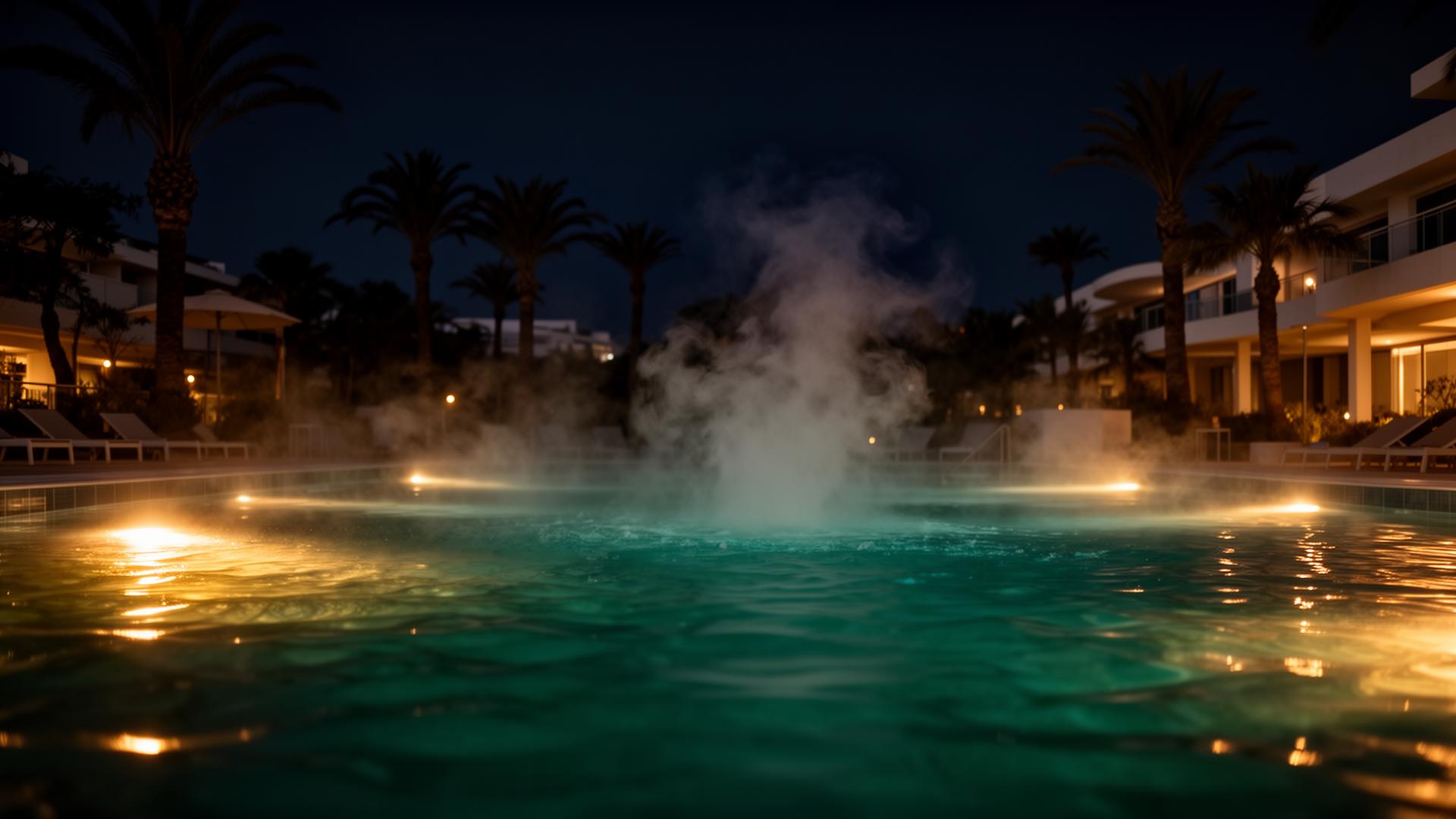 Piscine d'eau de mer chauffée à La Grande-Motte la nuit, vapeur et lumière dorée